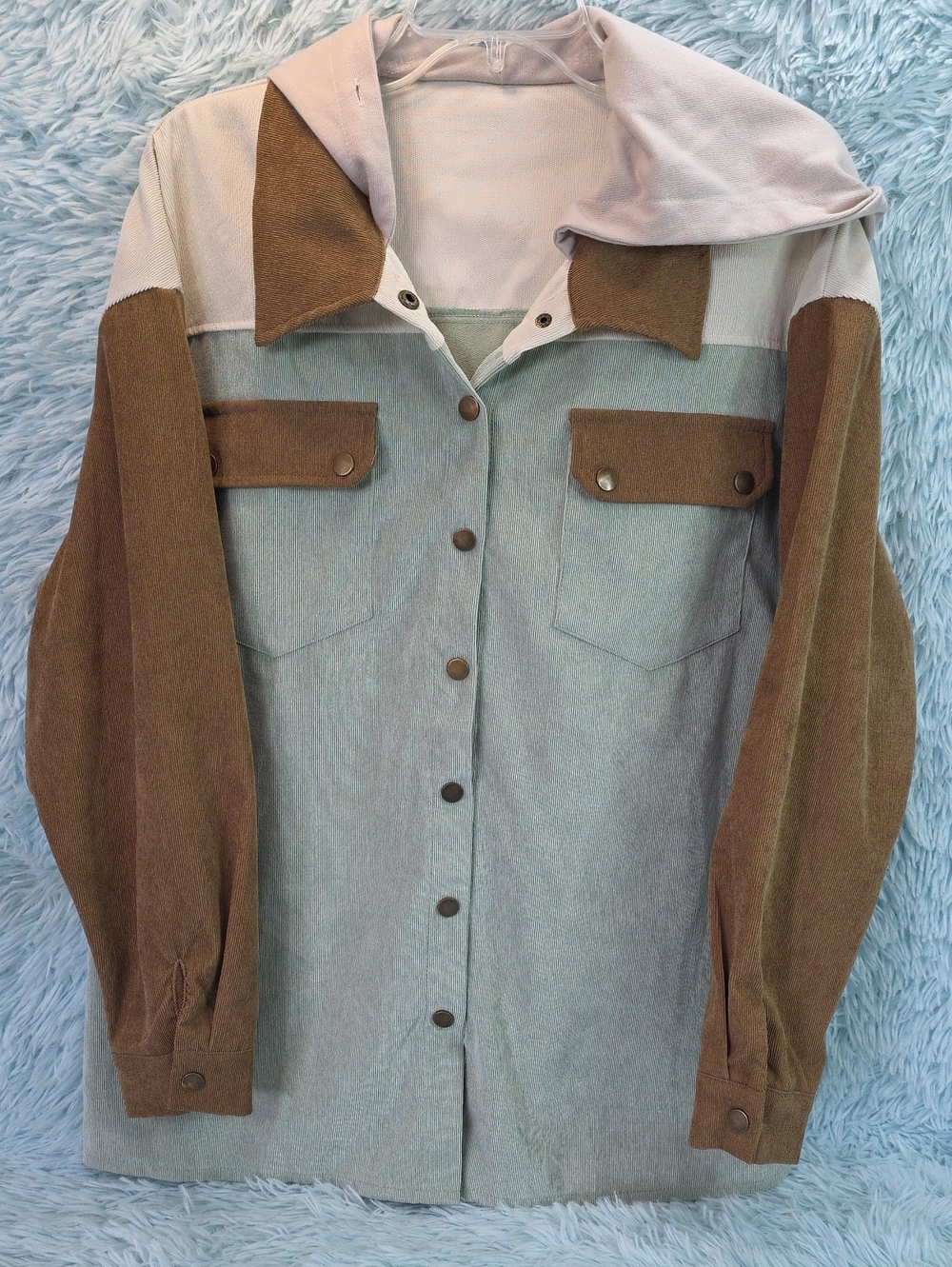 Colorblock Corduroy Hooded Shacket Jacket Brown Sage Cream L
